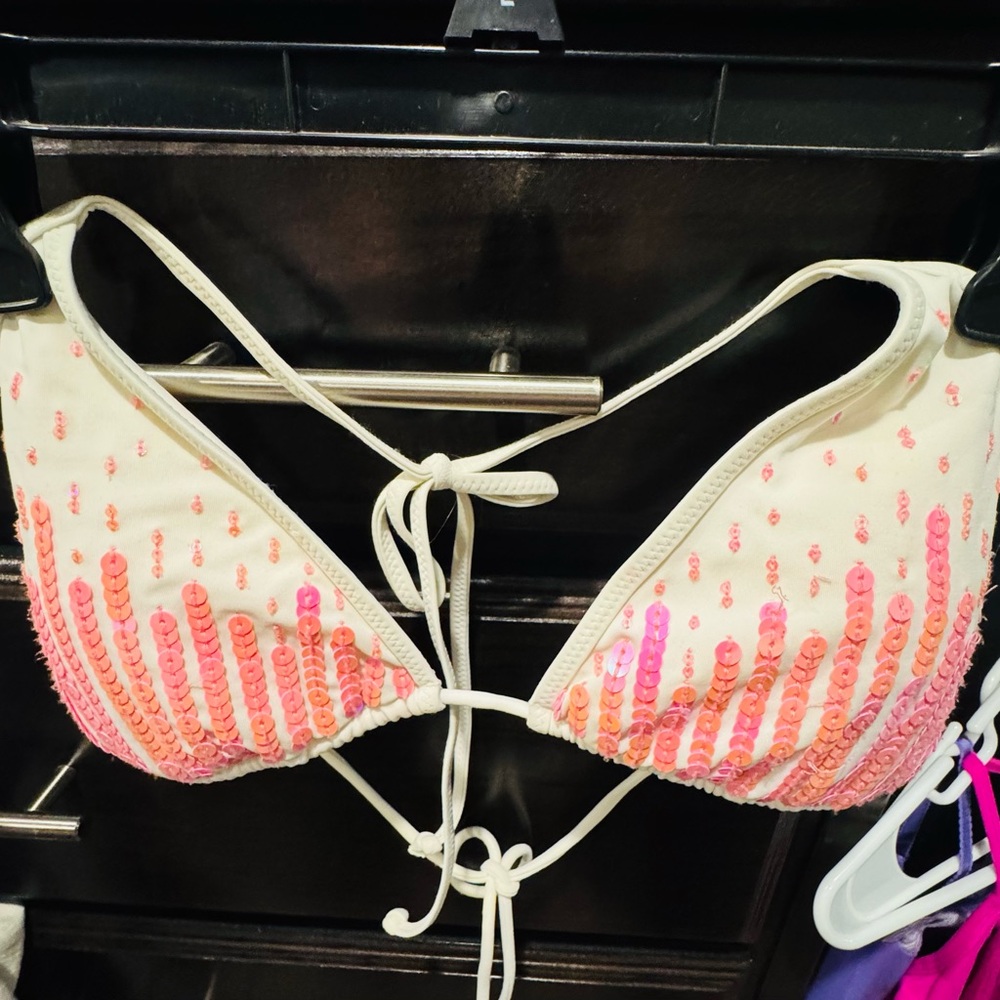 Sequin Embellished Bikini Top - Cream and Pink
